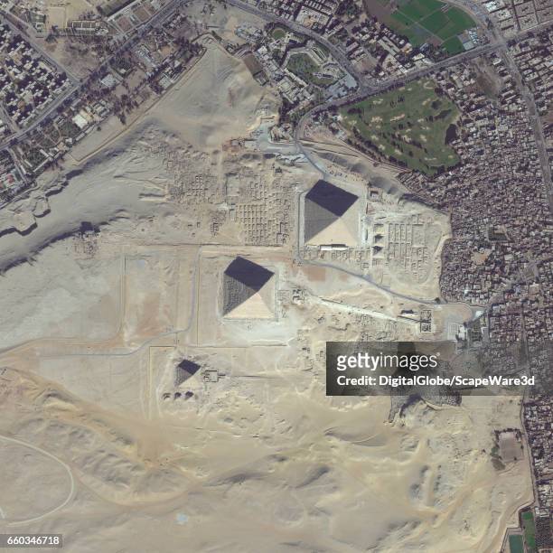 DigitalGlobe via Getty Images overview satellite imagery of the Giza Pyramid Complex on the outskirts of Cairo, Egypt. Photo DigitalGlobe via Getty...