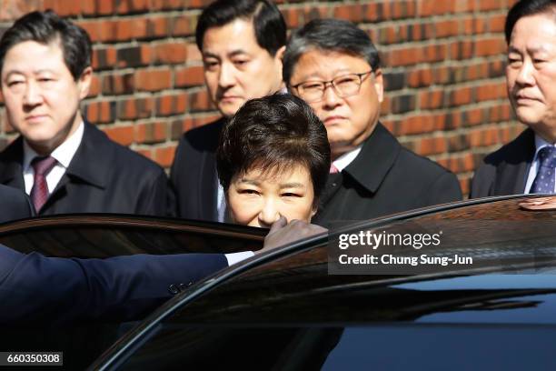 Ousted South Korean President Park Geun-hye leaves for Seoul Central District Court from her private home on March 30, 2017 in Seoul, South Korea. A...