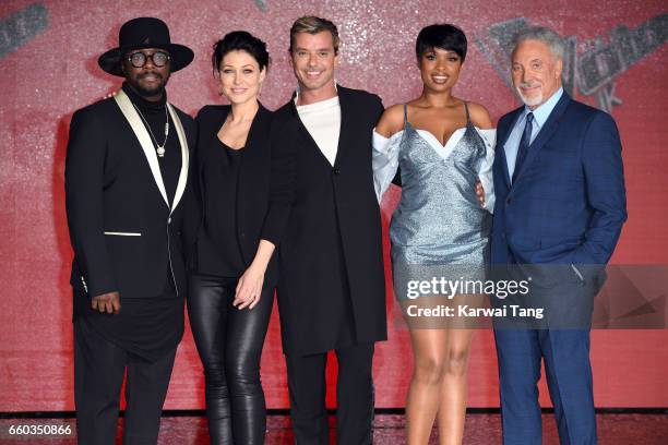 Will.i.am, Emma Willis, Gavin Rossdale, Jennifer Hudson and Tom Jones attend a photocall for the final of The Voice UK at LH2 on March 29, 2017 in...