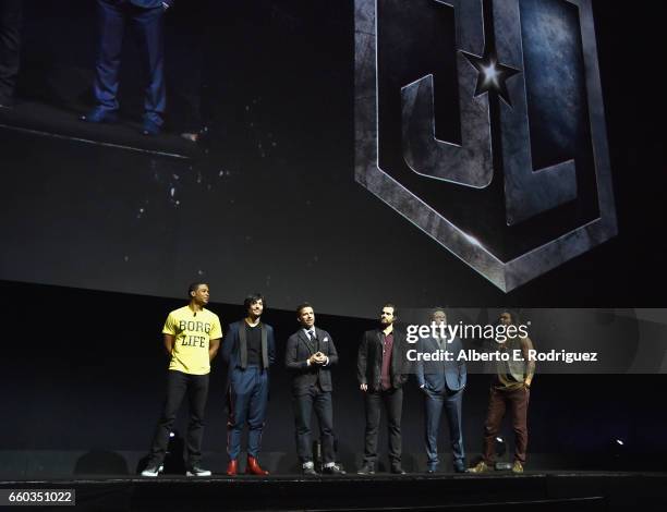 Actors Ray Fisher, Ezra Miller, director Zack Snyder, actors Henry Cavill, Ben Affleck and Jason Momoa at CinemaCon 2017 Warner Bros. Pictures...