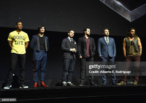 Actors Ray Fisher, Ezra Miller, director Zack Snyder, actors Henry Cavill, Ben Affleck and Jason Momoa at CinemaCon 2017 Warner Bros. Pictures...