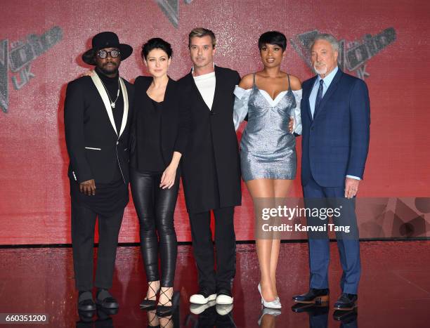 Will.i.am, Emma Willis, Gavin Rossdale, Jennifer Hudson and Tom Jones attend a photocall for the final of The Voice UK at LH2 on March 29, 2017 in...