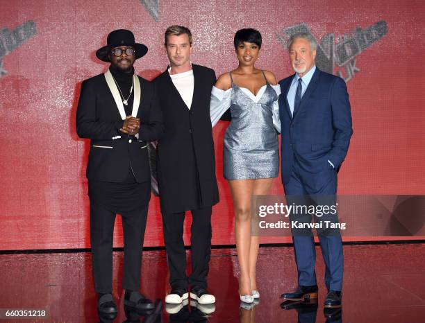 Will.i.am, Gavin Rossdale, Jennifer Hudson and Tom Jones attend a photocall for the final of The Voice UK at LH2 on March 29, 2017 in London, United...