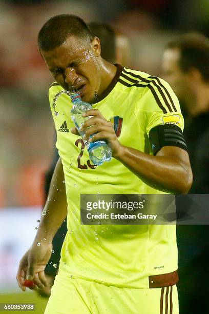 Salomon Rondon of Venezuela gestures during a match between Chile and Venezuela as part of FIFA 2018 World Cup Qualifier at Monumental Stadium on...