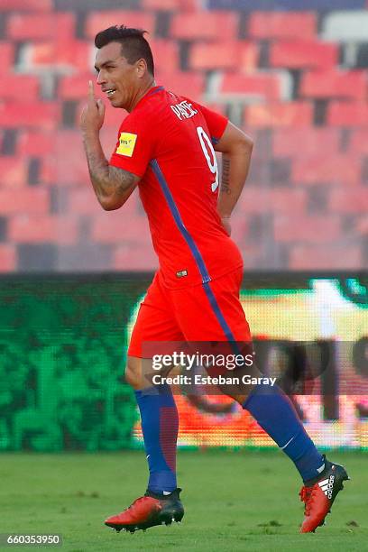 Esteban Paredes of Chile celebrates after scoring the third goal of his team during a match between Chile and Venezuela as a part of FIFA 2018 World...