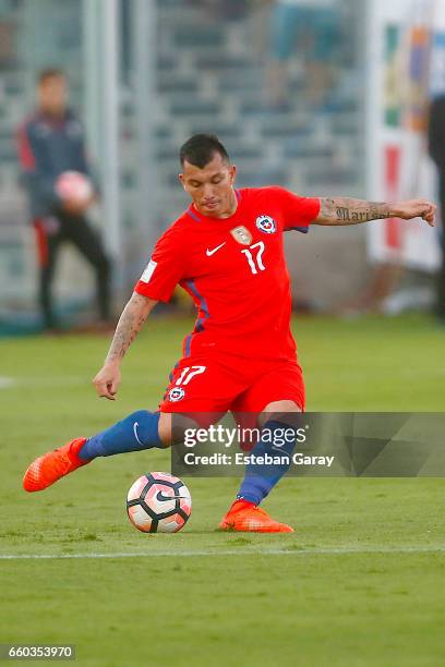 Gary Medel of Chile kicks the ball during a match between Chile and Venezuela as part of FIFA 2018 World Cup Qualifiers at Monumental Stadium on...