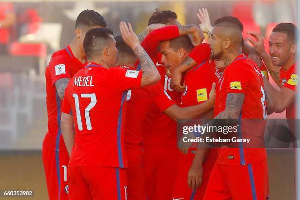 Esteban Paredes of Chile celebrates after scoring the second goal of his team during a match between Chile and Venezuela as a part of FIFA 2018 World...