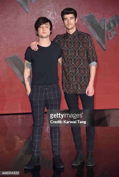 Taylor Jones and Dane Lloyd of Into the Ark attend a photocall for the final of The Voice UK at LH2 on March 29, 2017 in London, United Kingdom.