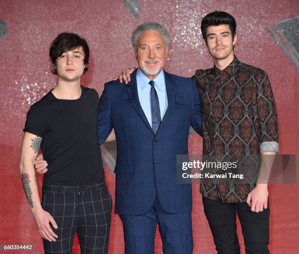 Tom Jones with Taylor Jones and Dane Lloyd of Into the Ark attend a photocall for the final of The Voice UK at LH2 on March 29, 2017 in London,...