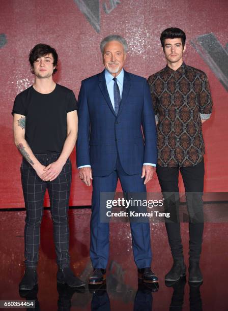 Tom Jones with Taylor Jones and Dane Lloyd of Into the Ark attend a photocall for the final of The Voice UK at LH2 on March 29, 2017 in London,...