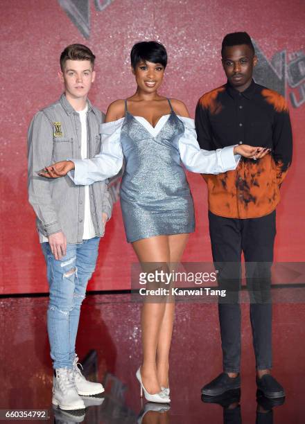 Jamie Miller, Jennifer Hudson and Mo Adeniran attend a photocall for the final of The Voice UK at LH2 on March 29, 2017 in London, United Kingdom.