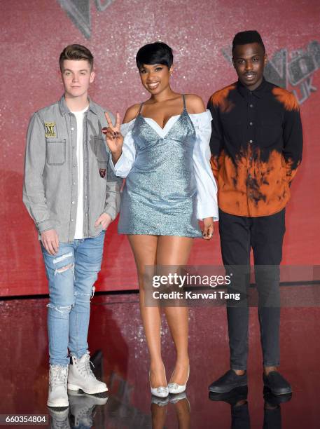 Jamie Miller, Jennifer Hudson and Mo Adeniran attend a photocall for the final of The Voice UK at LH2 on March 29, 2017 in London, United Kingdom.