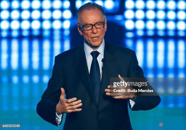 Brazilian Olympic Committee president Carlos Arthur Nuzman speaks during the ceremony of Brazil Olympics 2016 Awards at Cidade das Artes on March 29,...