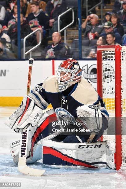 Goaltender Sergei Bobrovsky of the Columbus Blue Jackets defends the net against the Buffalo Sabres on March 28, 2017 at Nationwide Arena in...