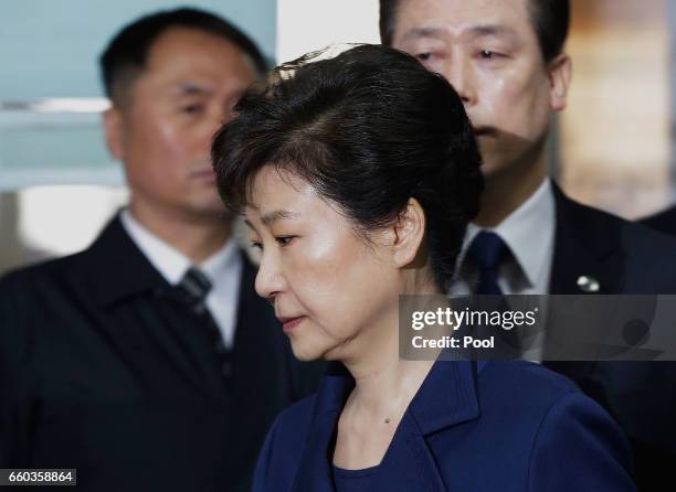 Ousted South Korean President Park Geun-hye arrives for questioning on her arrest warrant at the Seoul Central District Court March 30, 2017 in...