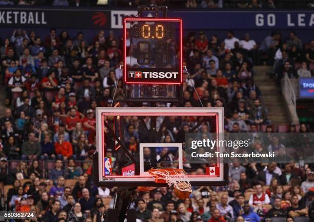 View of the Tissot shot clock as DeMar DeRozan of the Toronto Raptors sinks a buzzer beater at the end of the second quarter against the Charlotte...