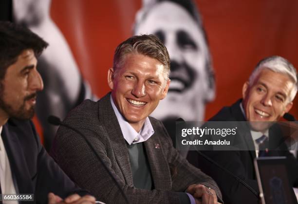 German football player Bastian Schweinsteiger speaks as he is introduced at The PrivateBank Fire Pitch in Chicago, Illinois, USA, 29 March 2017....