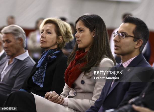 The wife of German football player Bastian Schweinsteiger, Ana Ivanovic looks on as Schweinsteiger is introduced at The PrivateBank Fire Pitch in...