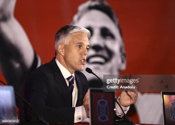 Nelson Rodriguez, general manager of Chicago Fire speaks as Schweinsteiger is introduced at The PrivateBank Fire Pitch in Chicago, Illinois, USA, 29...