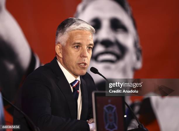 Nelson Rodriguez, general manager of Chicago Fire speaks as Schweinsteiger is introduced at The PrivateBank Fire Pitch in Chicago, Illinois, USA, 29...