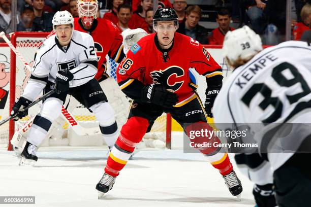 Michael Stone of the Calgary Flames skates against the Los Angeles Kings during an NHL game on March 29, 2017 at the Scotiabank Saddledome in...