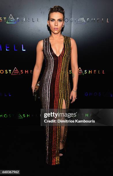 Scarlett Johansson attends the 'Ghost In The Shell' premiere hosted by Paramount Pictures & DreamWorks Pictures at AMC Lincoln Square Theater on...