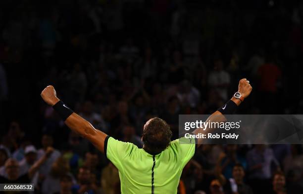 Rafael Nadal of Spain gestures after winning the match against Jack Sock at Crandon Park Tennis Center on March 29, 2017 in Key Biscayne, Florida.