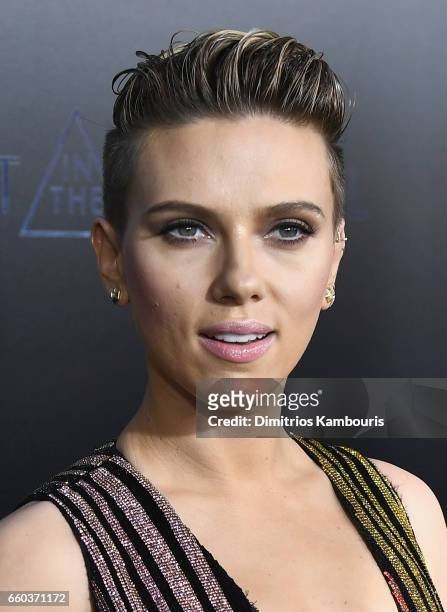 Scarlett Johansson attends the 'Ghost In The Shell' premiere hosted by Paramount Pictures & DreamWorks Pictures at AMC Lincoln Square Theater on...