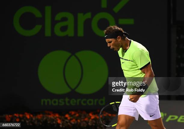 Rafael Nadal of Spain reacts during a match against Jack Sock at Crandon Park Tennis Center on March 29, 2017 in Key Biscayne, Florida.