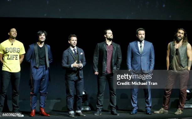 Ray Fisher, Ezra Miller, director Zack Snyder, Henry Cavill, Ben Affleck and Jason Momoa speak onstage at the CinemaCon 2017 - Warner Bros. Pictures...