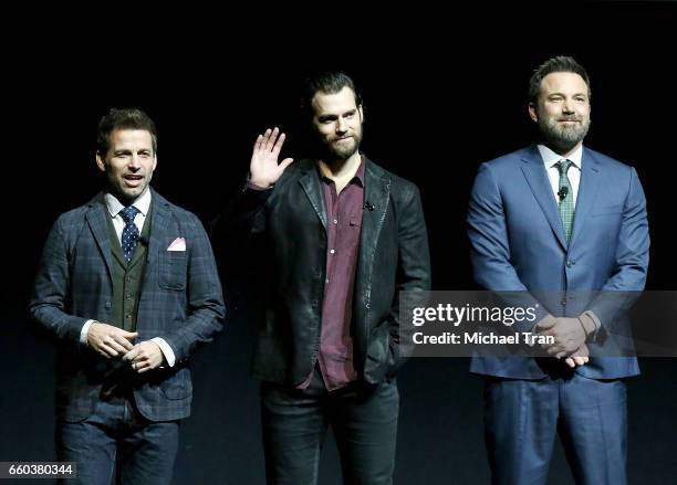 Zack Snyder, Henry Cavill and Ben Affleck speak onstage at the CinemaCon 2017 - Warner Bros. Pictures presentation held at The Colosseum at Caesars...