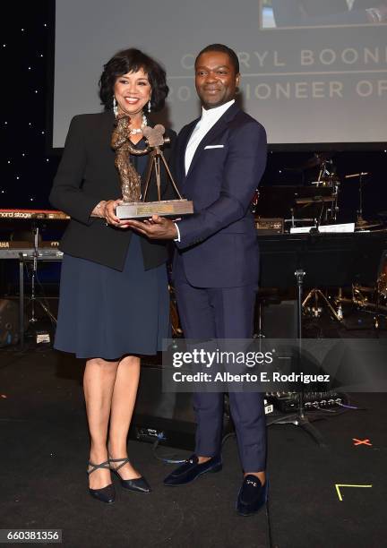 Honoree Cheryl Boone Isaacs and actor David Oyelowo onstage at 2017 Will Rogers Pioneer of the Year Dinner Honoring Cheryl Boone Isaacs at Caesars...