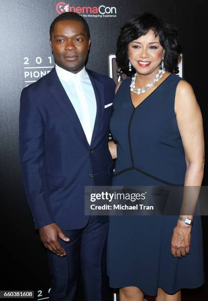 David Oyelowo and Cheryl Boone Isaacs arrive at the CinemaCon 2017 - Pioneer Dinner held at The Colosseum at Caesars Palace during CinemaCon, the...