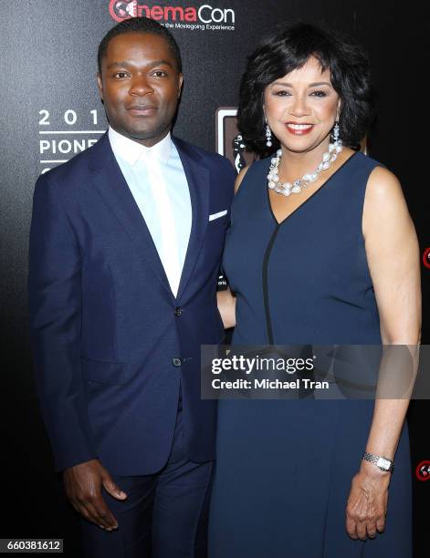 David Oyelowo and Cheryl Boone Isaacs arrive at the CinemaCon 2017 - Pioneer Dinner held at The Colosseum at Caesars Palace during CinemaCon, the...