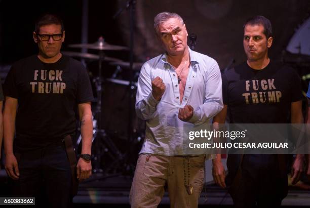 The British singer Morrissey gestures during his performance in the Citibanamex arena in the beginning of his tour in Mexico in Monterrey Nuevo Leon...