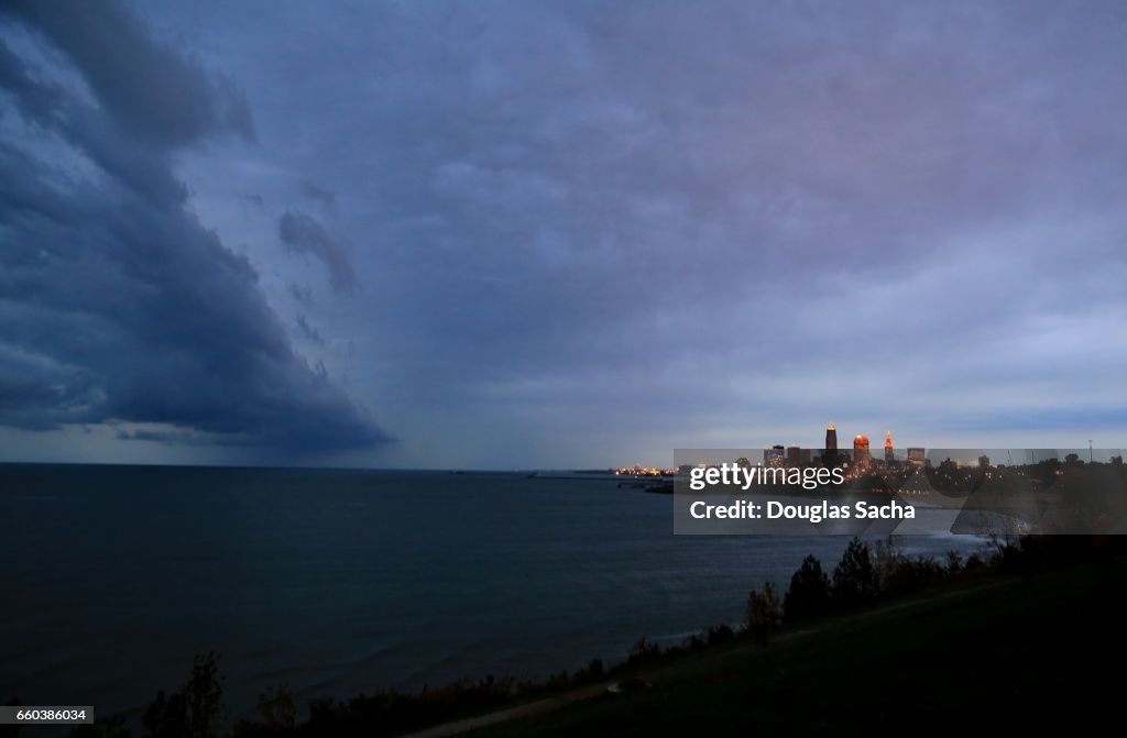 Moving storm approching the city on the shore