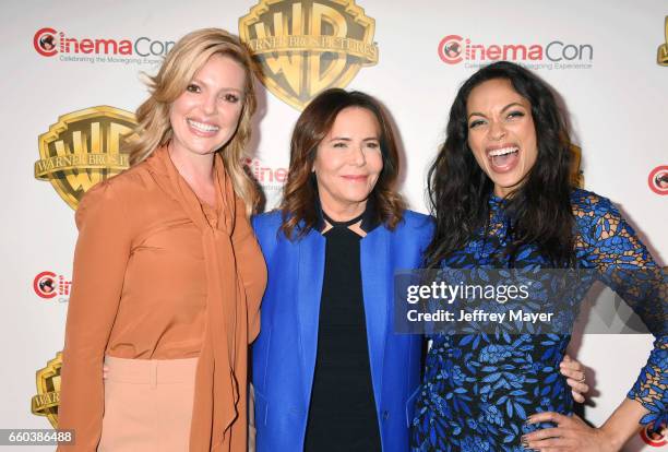 Actress Katherine Heigl, director Denise Di Novi and actress Rosario Dawson arrive at the CinemaCon 2017 Warner Bros. Pictures presentation of their...