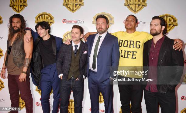 Actors Jason Momoa, Ezra Miller, director Zack Snyder, actors Ben Affleck, Ray Fisher and Henry Cavill arrive at the CinemaCon 2017 Warner Bros....