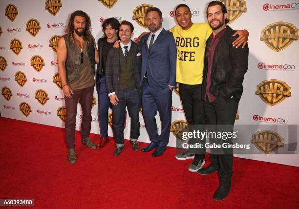 Actors Jason Momoa, Ezra Miller, director Zack Snyder, actors Ben Affleck, Ray Fisher and Henry Cavill attend the Warner Bros. Pictures presentation...