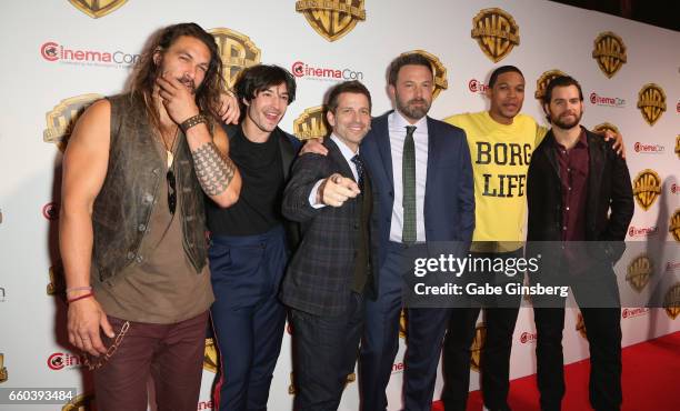 Actors Jason Momoa, Ezra Miller, director Zack Snyder, actors Ben Affleck, Ray Fisher and Henry Cavill attend the Warner Bros. Pictures presentation...