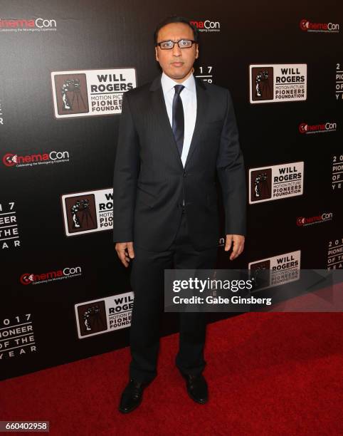 Actor Aasif Mandvi attends the 2017 Will Rogers Pioneer of the Year dinner honoring Cheryl Boone Isaacs during CinemaCon at The Colosseum at Caesars...