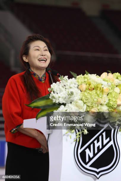 Bloomage Chairman & Executive Director Zhao Yan attends the NHL announcement in China at LeSports Center on March 30, 2017 in Beijing, China.