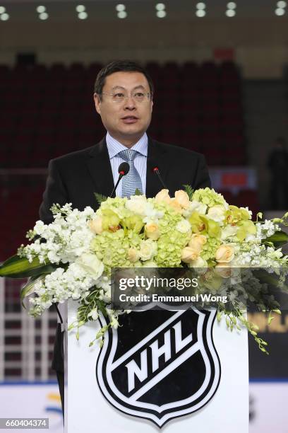Packaging Chairman Mr. Zhou Yunjie attends the NHL announcement in China at LeSports Center on March 30, 2017 in Beijing, China.