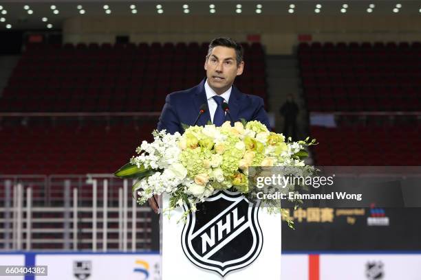 Mathieu Schneider, NHLPA Special Assistant to the Executive Director attends the NHL announcement in China at LeSports Center on March 30, 2017 in...