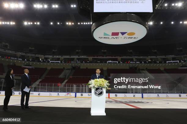 Mathieu Schneider, NHLPA Special Assistant to the Executive Director attends the NHL announcement in China at LeSports Center on March 30, 2017 in...