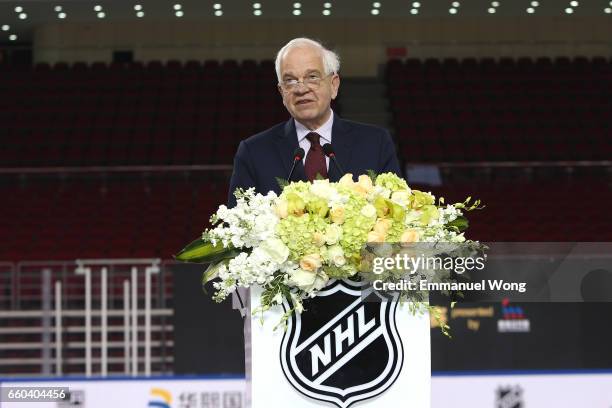 John McCallum, Canada's ambassador to Beijing to China attends the NHL announcement in China at LeSports Center on March 30, 2017 in Beijing, China.