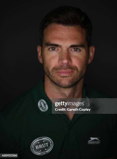 England fast bowler James Anderson poses for a portrait at a BRUT Announcement photocall at Headingley on March 29, 2017 in Leeds, England.