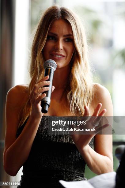 Jennifer Hawkins arrives ahead of the Star Doncaster Mile Inaugural Luncheon at The Star on March 30, 2017 in Sydney, Australia.