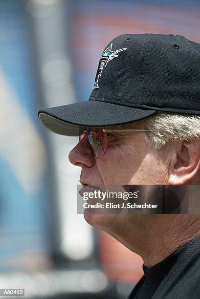 Manager Jeff Torborg of the Florida Marlins watches play during the MLB game against the New York Mets at Pro Player Stadium in Miami, Florida on...