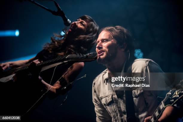 Nikki Monninger and Brian Aubert from Silversun Pickups perform at Circo Voador on March 29, 2017 in Rio de Janeiro, Brazil.